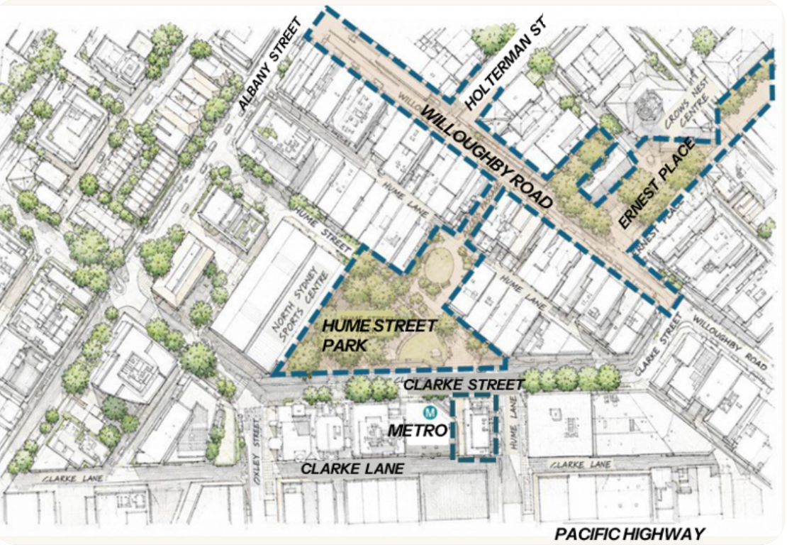 Map of the proposed Crows Nest Place pedestrian precinct — Willoughby Road from Clarke Street to Albany Street, linking the Metro, Hume Street Park and Ernest Place