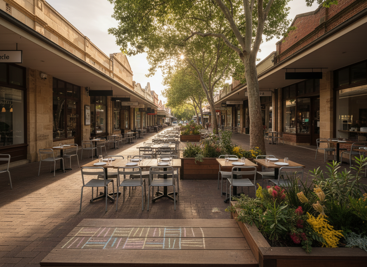 An inviting pedestrianized section of Willoughby Road at golden hour, seen in photographic realism. Neatly arranged outdoor cafe tables, empty but set with water glasses and simple white plates, line the brick pavement. Small planter boxes filled with native greenery define play and gathering zones, including a low timber platform with colorful chalk markings suggesting games. Warm late-afternoon sunlight washes the entire street, catching the soft texture of heritage shopfronts and casting long, gentle shadows. Shot at eye level with a wide lens to emphasize street-level human scale and depth, the mood is professional yet welcoming, suggesting a community space designed for eating, playing, and connecting without showing any people.