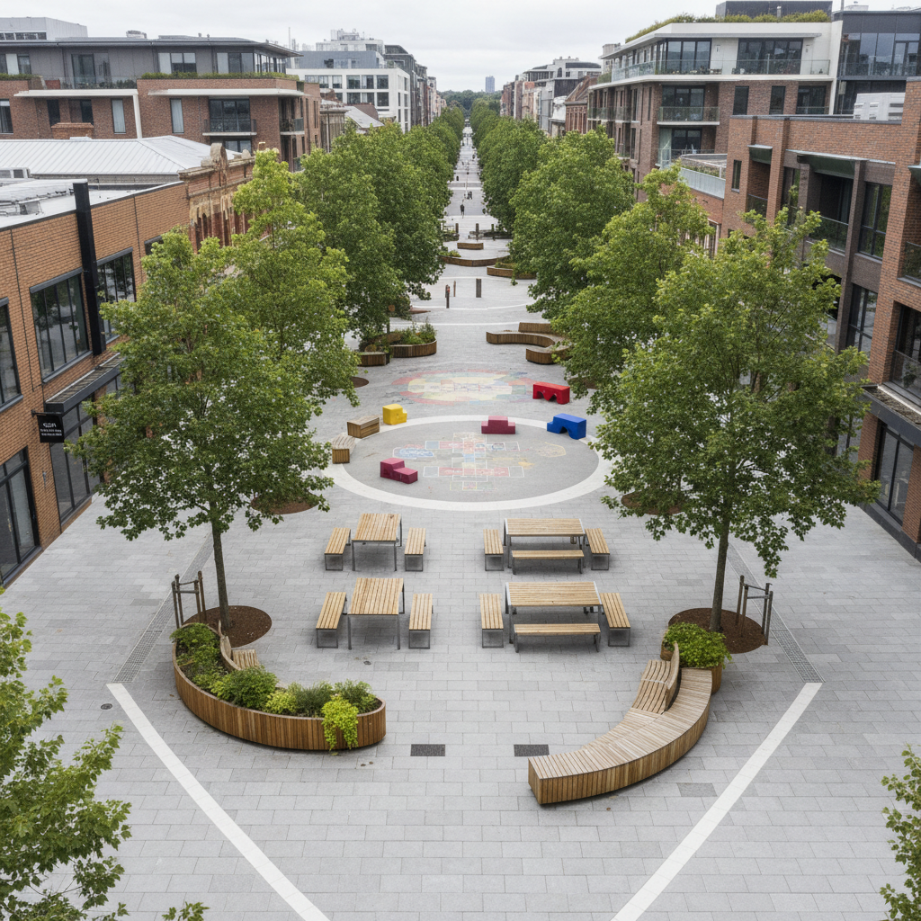 A bird’s-eye, photographic view of a redesigned Willoughby Road block transformed into a calm community plaza. In the center, a cluster of sturdy wooden picnic tables and built-in benches forms an eat-and-chat zone, while a nearby open area with painted hopscotch-style patterns and low, movable play blocks signals a playful space. Lush street trees in large planters create soft shade over light stone paving. Overcast, diffused daylight ensures even lighting and minimal harsh shadows. The composition is carefully balanced, with clear pathways and curb-free edges illustrating a pedestrian-priority environment. The atmosphere is orderly, professional, and optimistic, highlighting how the street can support shared meals, casual play, and neighborhood connection without any human figures.